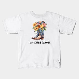 I Love South Dakota Boho Cowboy Boots with Flowers Watercolor Art Kids T-Shirt